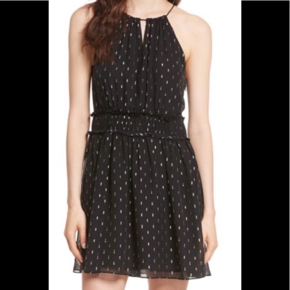 NWT Joie Althia B Black and Silver Metallic Shirred Silk Blend Dress Sz S